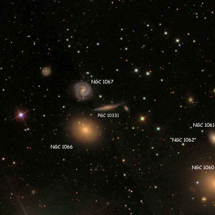 SDSS image of spiral galaxy PGC 10331, which is sometimes misidentified as NGC 1062; also shown is the star actually listed as NGC 1062, NGC 1066 and NGC 1067, and parts of NGC 1060 and NGC 1061