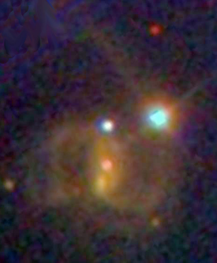 SDSS image of spiral galaxy PGC 11761, sometimes misidentified as NGC 1212. Considerable digital optimization of the original images has been used to show detail that would otherwise be lost in the glare from Algol