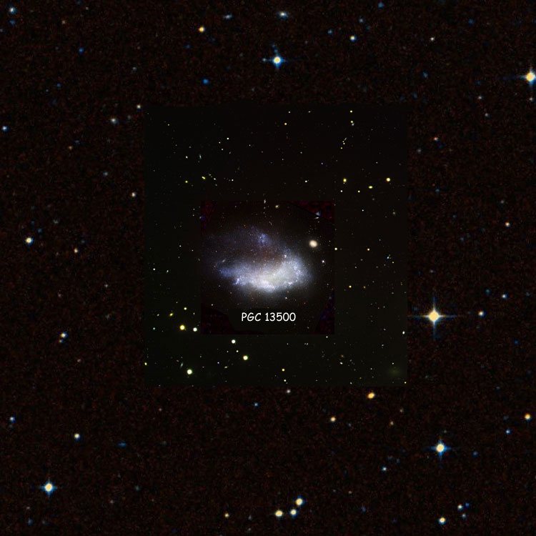 HST image of irregular galaxy PGC 13500, also known as NGC 1427A, superimposed on an ESO image of the region closest to the galaxy, superimposed on a DSS background to fill in missing areas