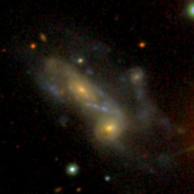 SDSS image of spiral galaxy PGC 1627, also known as HCG 1a, also showing PGC 1625, also known as HCG 1b, and the complex structure formed by their interaction
