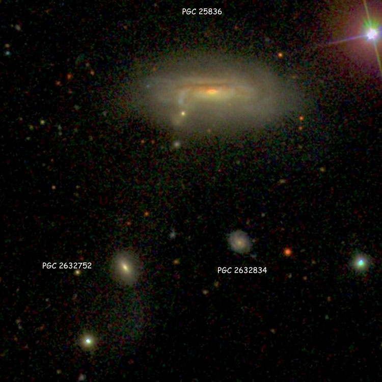 SDSS image of region near lenticular galaxy PGC 2632752 and spiral galaxy PGC 25836, also showing PGC 2632834