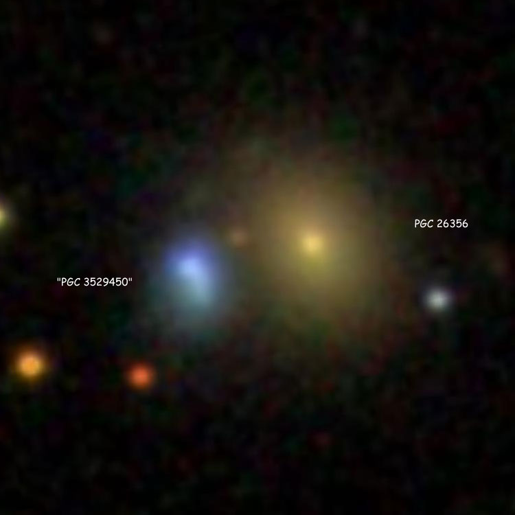 SDSS image of lenticular galaxy PGC 26356 and irregular galaxy 'PGC 3529450', which are sometimes misidentified as NGC 2829