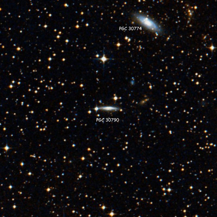 DSS image of region near spiral galaxy PGC 30790, which is sometimes called NGC 3250A, also showing PGC 30774, which is sometimes called NGC 3250C