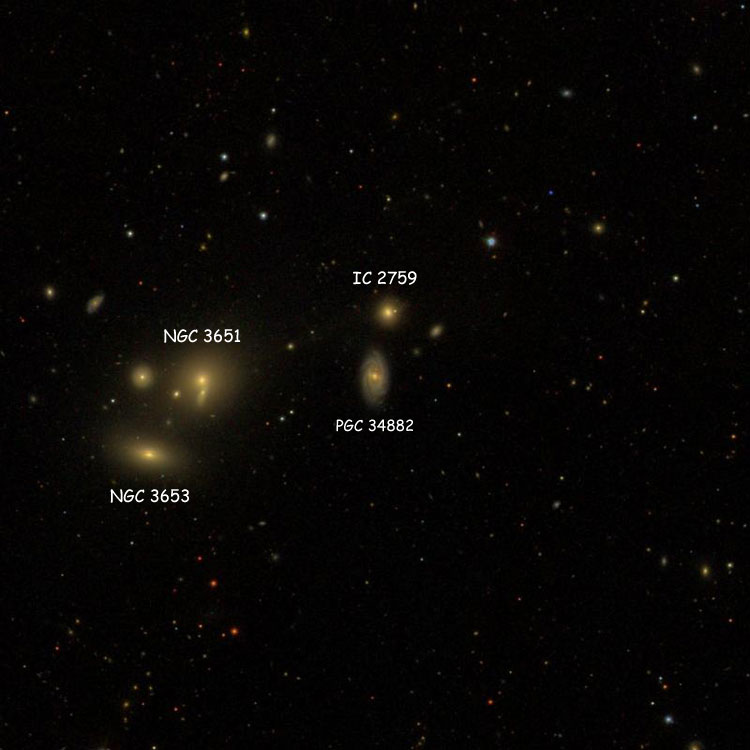 SDSS image of region near spiral galaxy PGC 34882, which is sometimes misidentified as IC 2759, also showing NGC 3651, NGC 3653 and the actual IC 2759