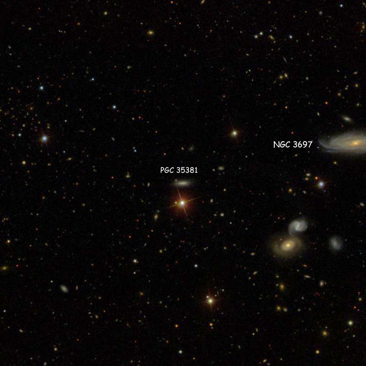 SDSS image of region near spiral galaxy PGC 35381, a member of Hickson Compact Group 53, also showing NGC 3697, another member of the Group