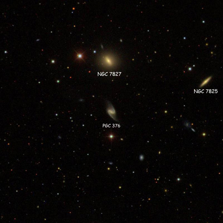 SDSS image of region near spiral galaxy PGC 376, also showing NGC 7825 and 7827
