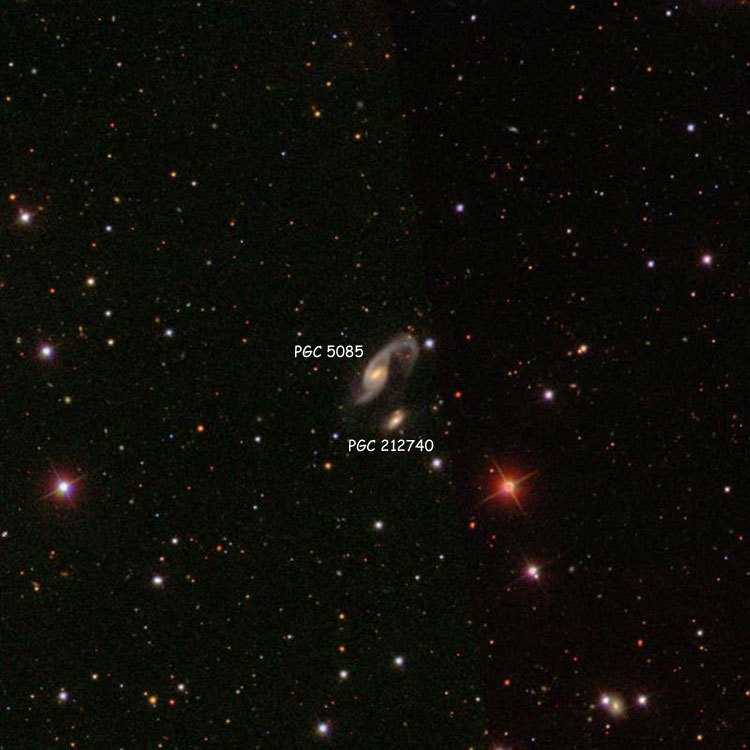 SDSS image of region near spiral galaxies PGC 5085 and PGC 212740, which comprise Arp 70