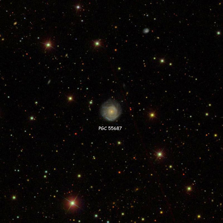 SDSS image of region near spiral galaxy PGC 55687, which may be the otherwise lost IC 4552