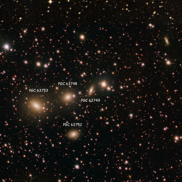 ESO/DSS composite image of lenticular galaxy PGC 63749, also known as HCG 86D, a member of Hickson Compact Group 86; also shown are PGC 63748, 63752 and 63753