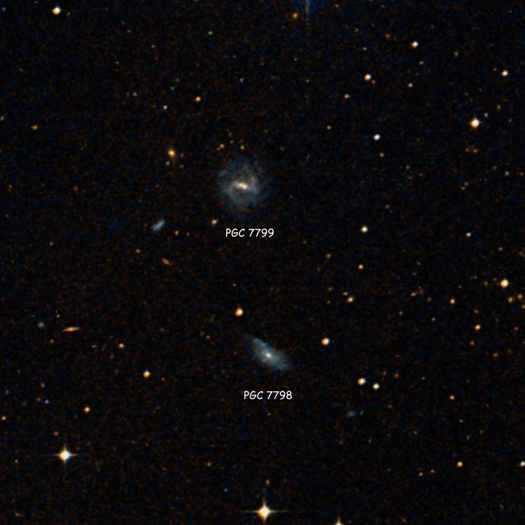 DSS image of region near spiral galaxies PGC 7799, often misidentified as NGC 814, and PGC 7798, often misidentified as NGC 815