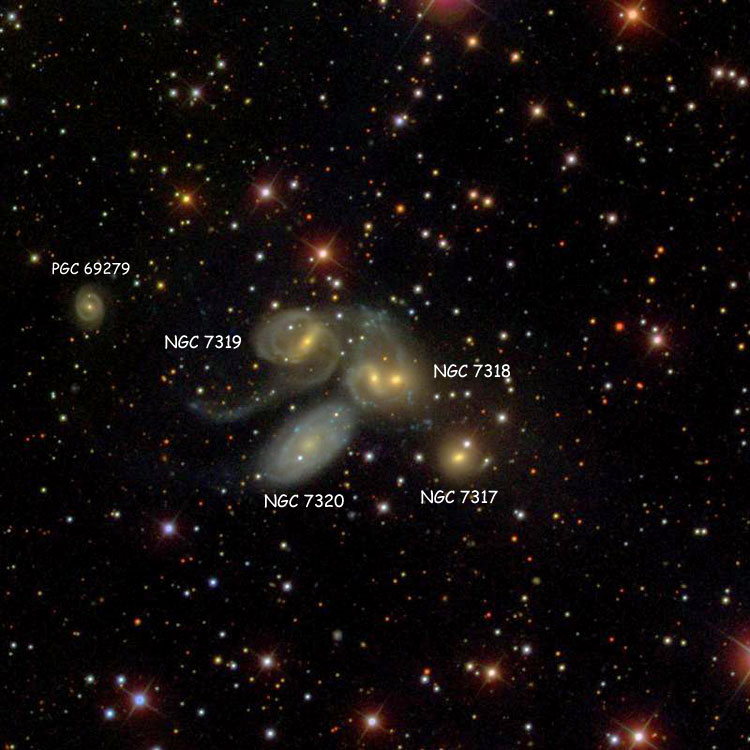 SDSS image of region near Stephan's Quintet, also known as Arp 319 and Hickson Compact Group 92, also showing PGC 69279 (also known as NGC 7320C)