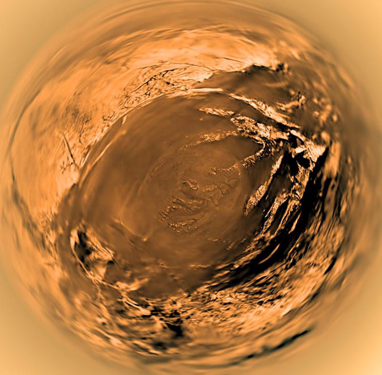 Fisheye view of Titan's surface, taken by Huygens probe en route to landing