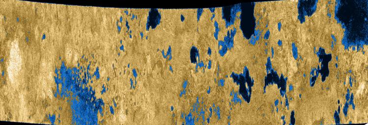 2006 Cassini radar image of methane lakes near Titan's north pole; colorized high-contrast portion of first image