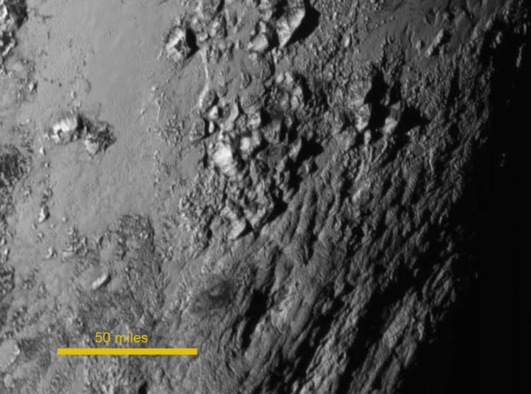 Ice mountains on Pluto, imaged about 90 minutes before New Horizons' close encounter with Pluto