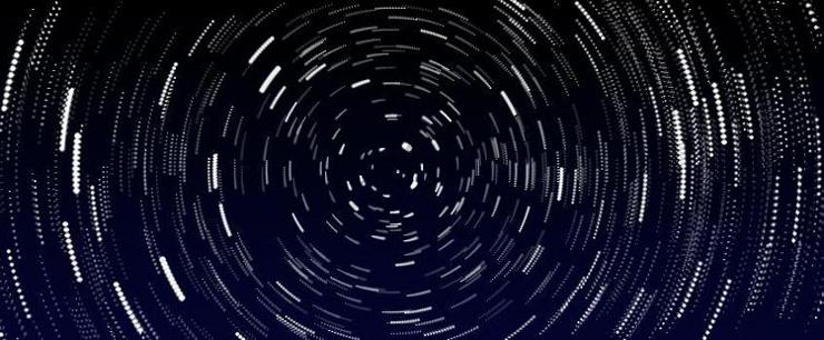 A diagram simulating star trails produced by the rotation of the North polar sky, shown by images spaced at 4 minute intervals over a period of 40 minutes
