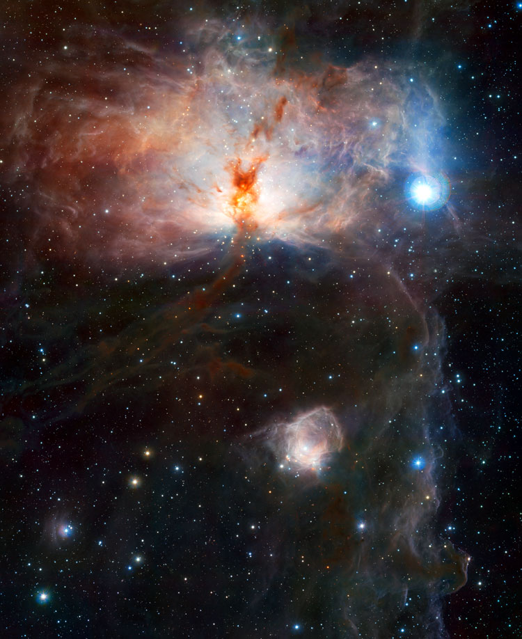 ESO infrared image of emission nebula NGC 2024, also known as the Flame Nebula, also showing the Horsehead Nebula