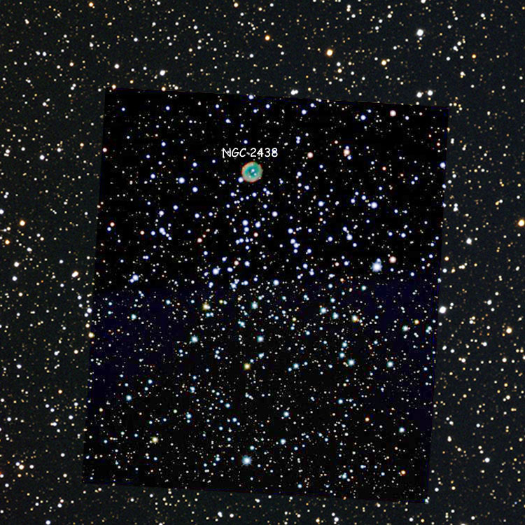 Misti Mountain Observatory image of open cluster NGC 2437, also known as M46, superimposed on an NOAO background; also shown is planetary nebula NGC 2438