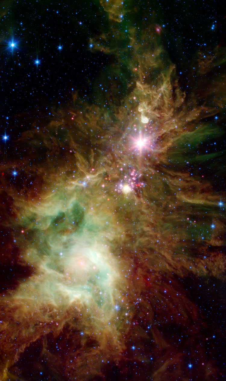 Spitzer infrared image of open cluster NGC 2264 and the Cone Nebula
