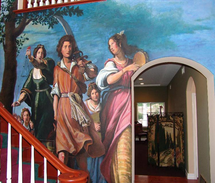 A mural of the Triumph of David (after an original by Matteo Rosselli), painted by Libby Seligman