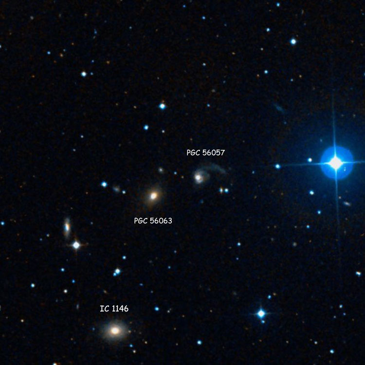 DSS image of region near elliptical galaxy PGC 56063 and spiral galaxy PGC 56057, which comprise Arp 109; also shown is lenticular galaxy IC 1146