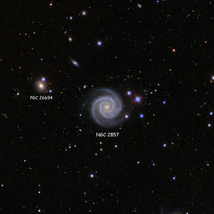 SDSS image of region near spiral galaxy NGC 2857, also known as Arp 1, also showing PGC 26694