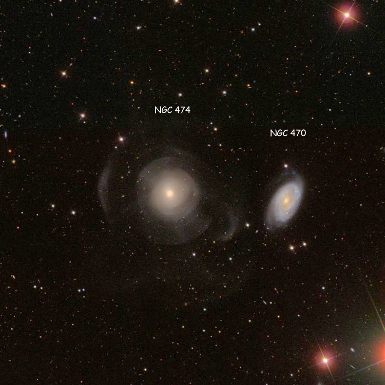 SDSS image of region near lenticular galaxy NGC 474, which is also known as Arp 227, and NGC 470, which is often mistakenly listed as part of Arp 227