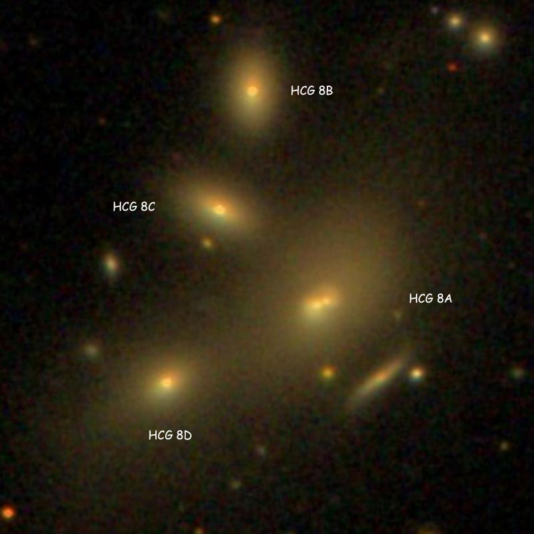SDSS image of Hickson Compact Group (HCG) 8 showing Hickson labels for the individual components