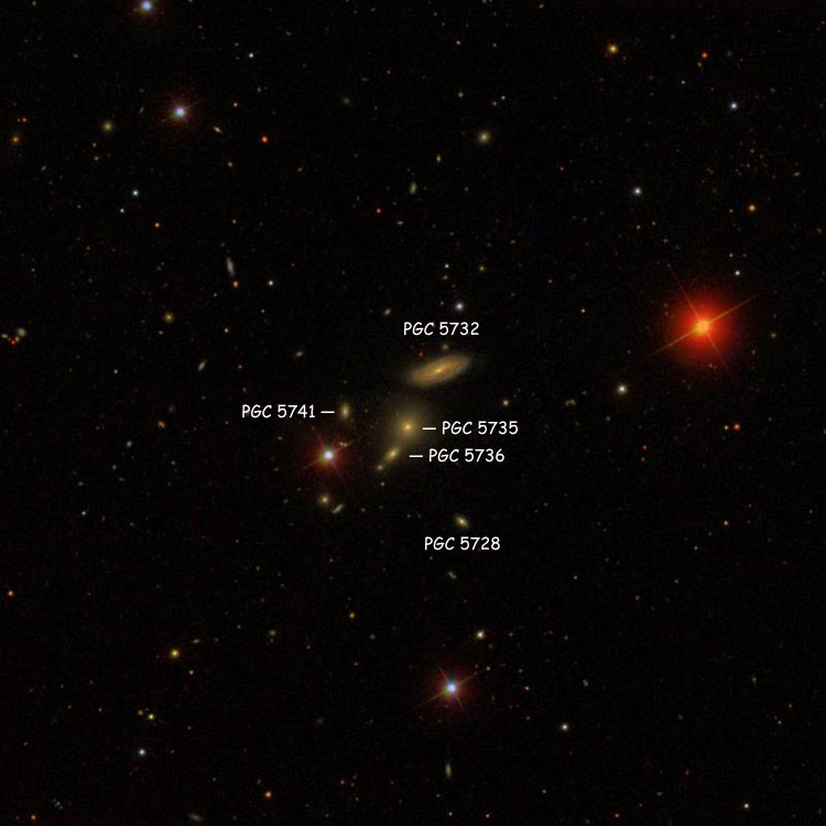 SDSS image of region near Hickson Compact Group 13, showing the five galaxies in the Group