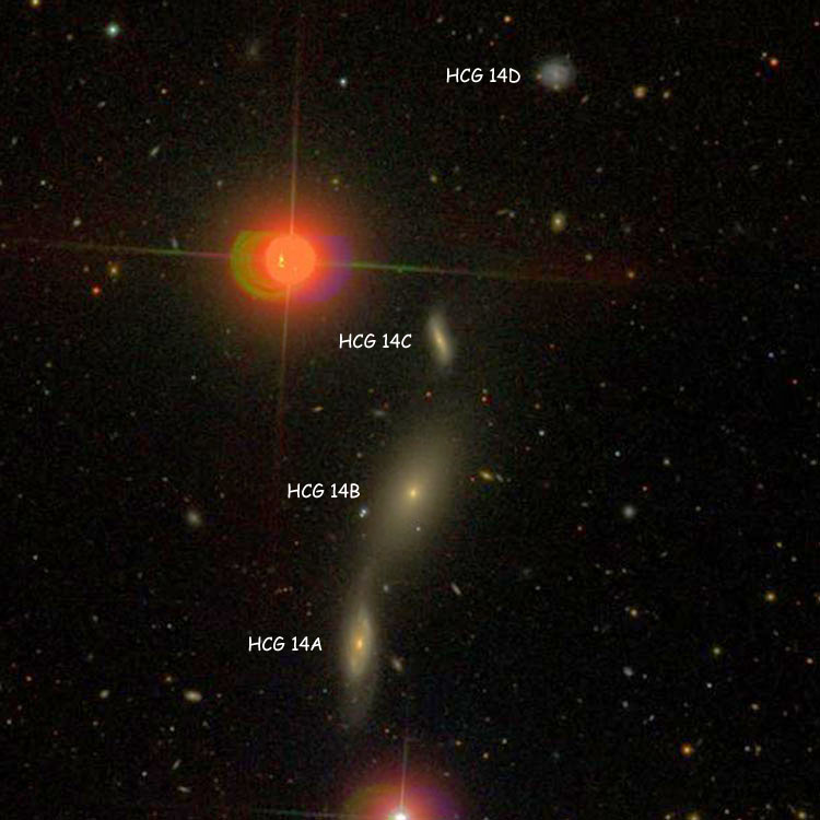 SDSS image of Hickson Compact Group (HCG) 14 showing Hickson labels for the individual components
