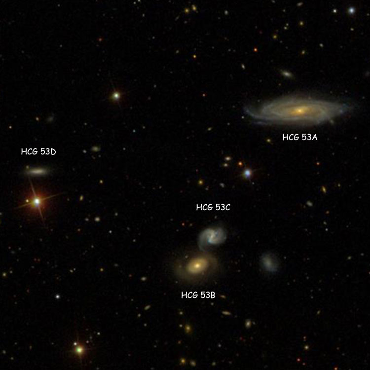SDSS image of Hickson Compact Group (HCG) 53 showing Hickson labels for the individual components