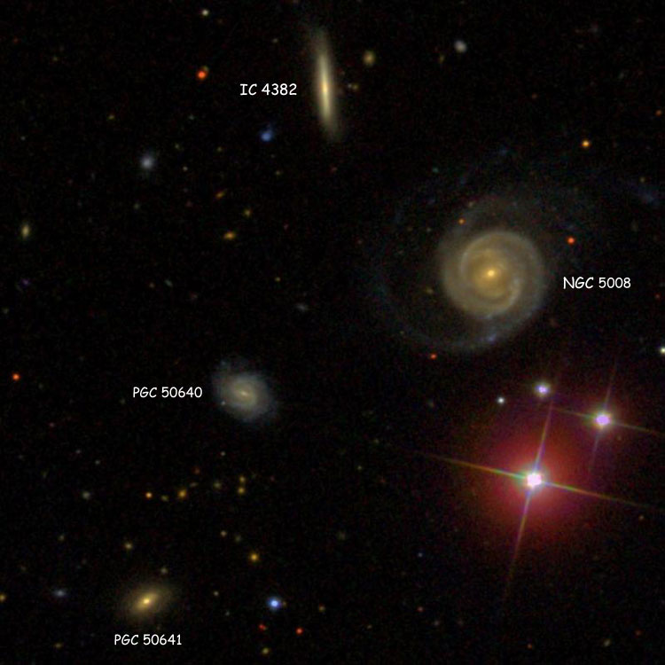 Labeled SDSS image of NGC 5008, IC 4382, PGC 50640 and PGC 50641, which comprise Hickson Compact Group 71