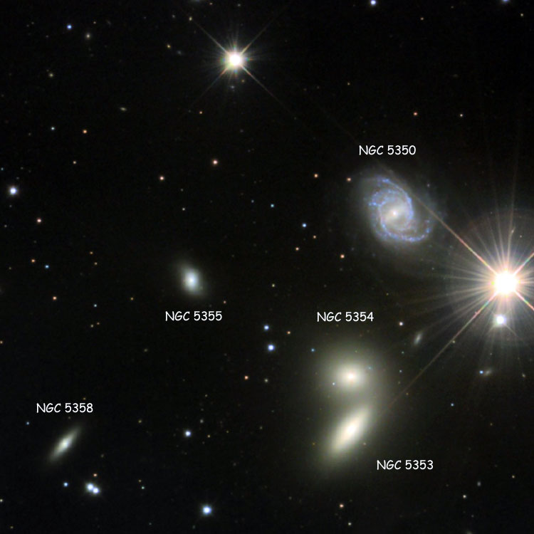 Misti Mountain image of NGC 5350, NGC 5353, NGC 5354, NGC 5355 and NGC 5358, comprising Hickson Compact Group 68