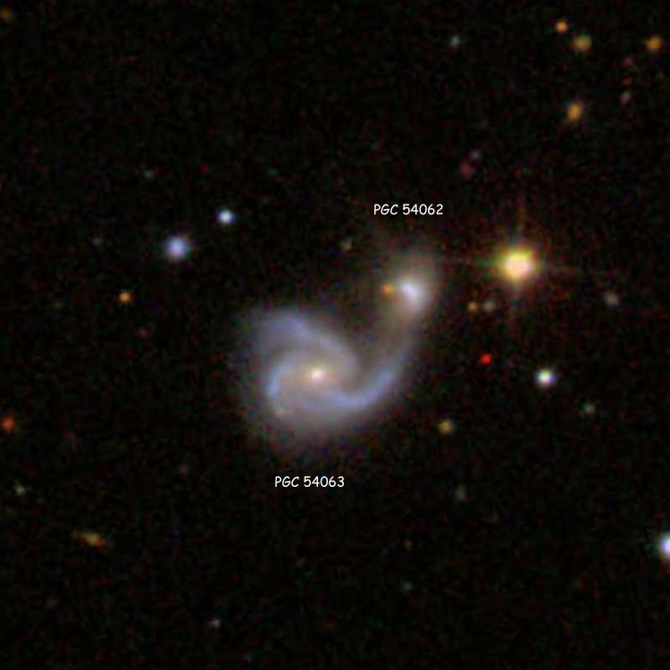 SDSS image of spiral galaxy PGC 54063 and its irregular companion PGC 54062, which comprise IC 1095
