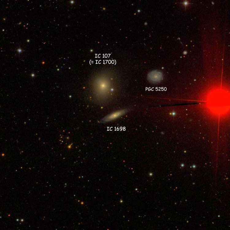 SDSS image of region near lenticular galaxy IC 1698, also showing IC 107 (usually referred to as IC 1700) and PGC 5250 (often misidentified as IC 107)