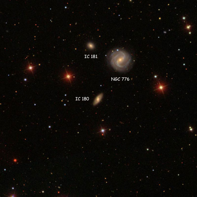 SDSS image of region near spiral galaxy IC 180, also showing NGC 776 and IC 181