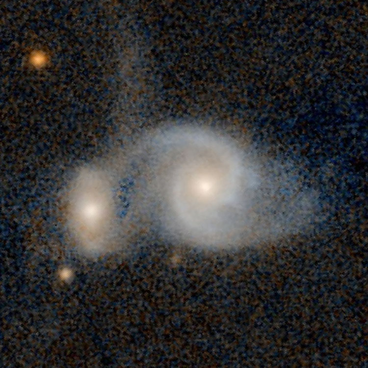 PanSTARRS image of spiral galaxy IC 1821 and its interacting companion, spiral galaxy 2MASS J02362658+1346456, also showing their faint northern extension