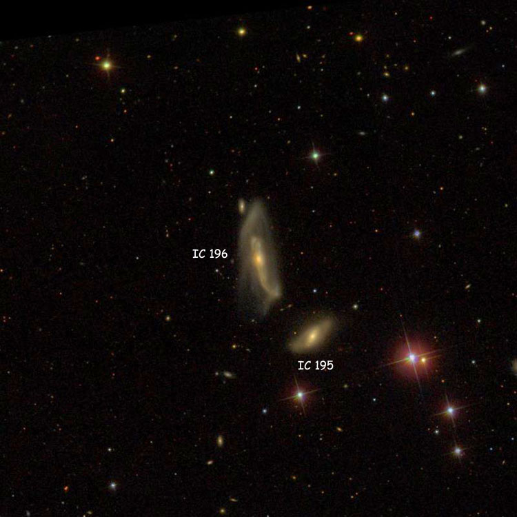SDSS image of region near interacting spiral galaxies IC 195 and 196, also known as Arp 290