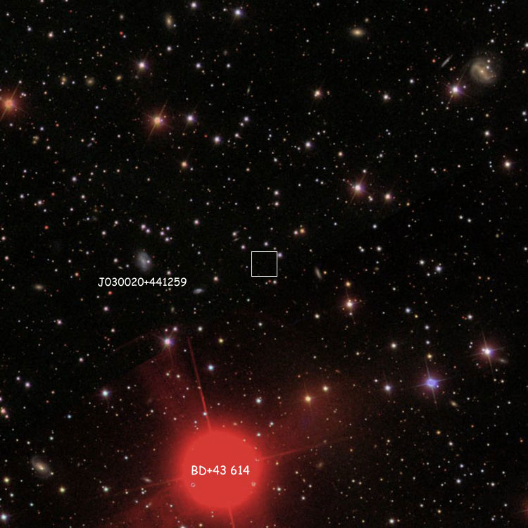 SDSS image of region centered on Swift's position for the lost or nonexistent IC 274, also showing spiral galaxy SDSS J030020.53+441259.0, which may or may not be what Swift observed