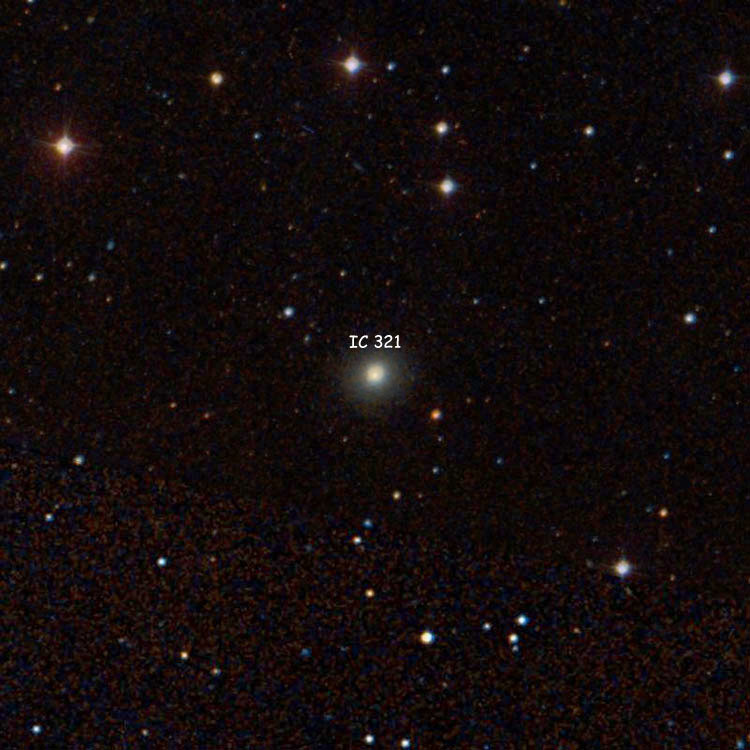 SDSS image of region near lenticular galaxy IC 321, overlaid on a DSS image to fill in missing areas
