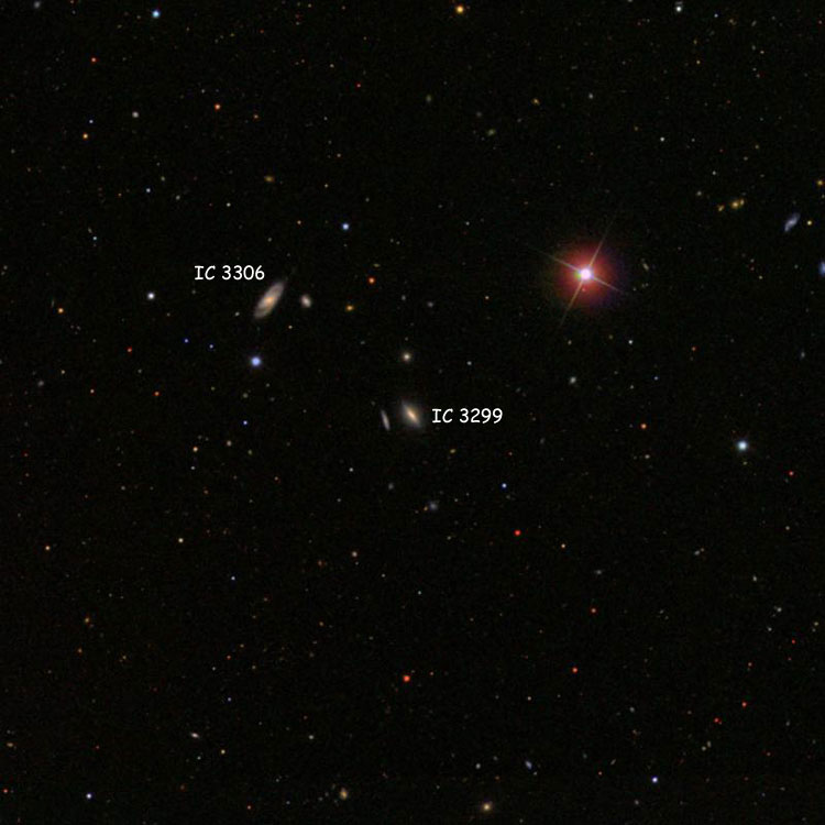 SDSS image of region near spiral galaxy IC 3299, also showing spiral galaxy IC 3306