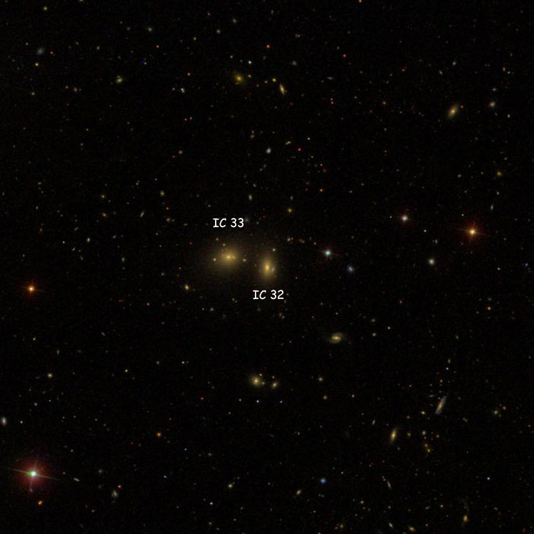 SDSS image of region near lenticular galaxy IC 32, also showing IC 33, with which it may be a gravitationally bound pair