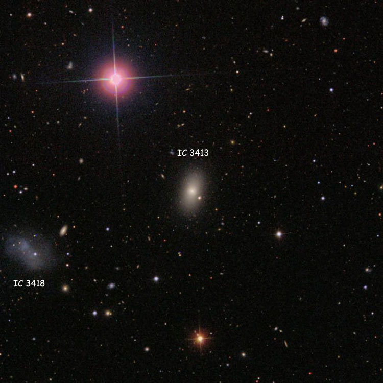 SDSS image of region near elliptical galaxy IC 3413, also showing irregular galaxy IC 3418