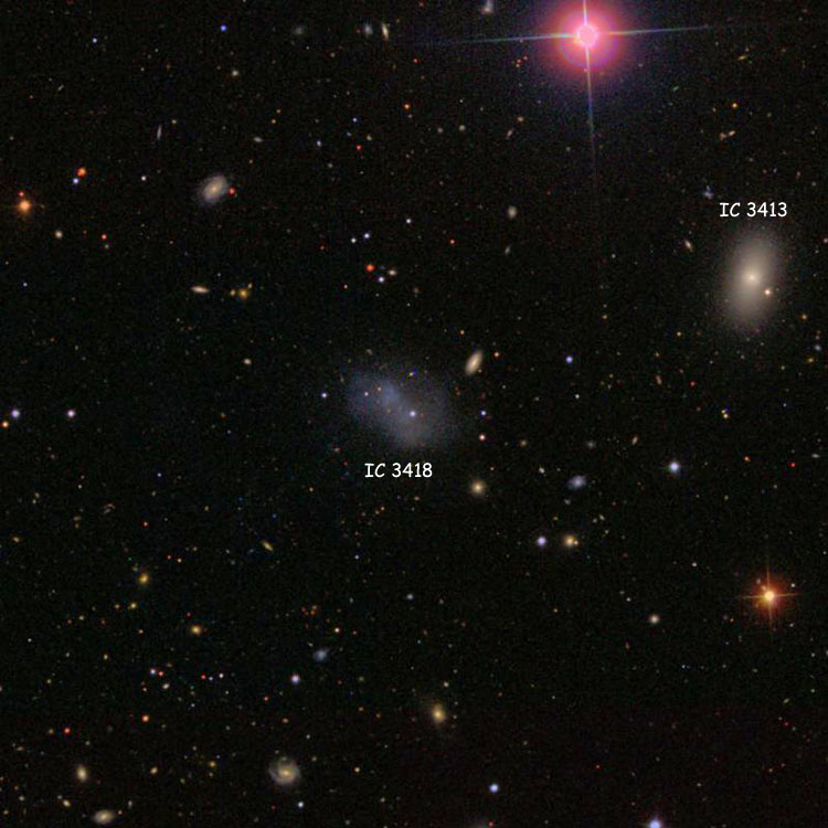 SDSS image of region near irregular galaxy IC 3418, also showing elliptical galaxy IC 3413