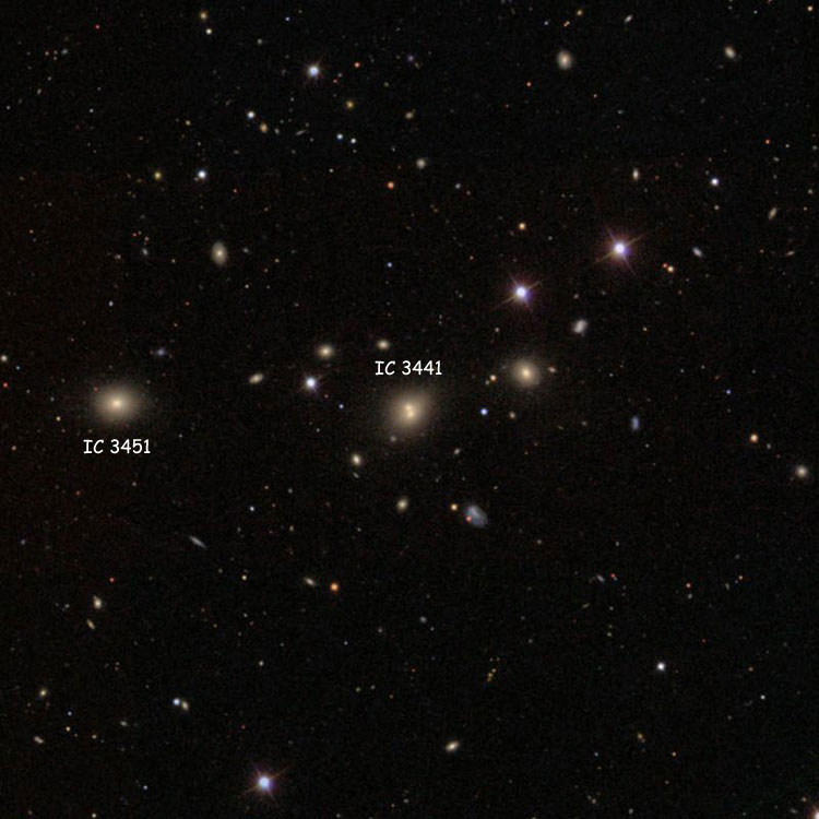 SDSS image of region near lenticular galaxy IC 3441, also showing lenticular galaxy IC 3451