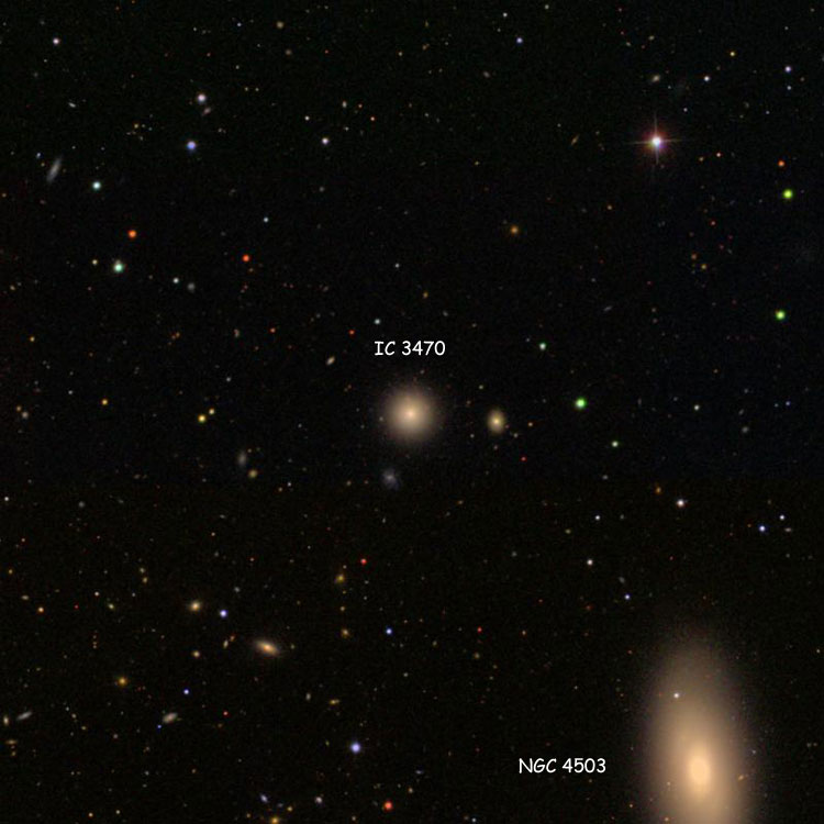 SDSS image of region near lenticular galaxy IC 3470, also showing lenticular galaxy NGC 4503