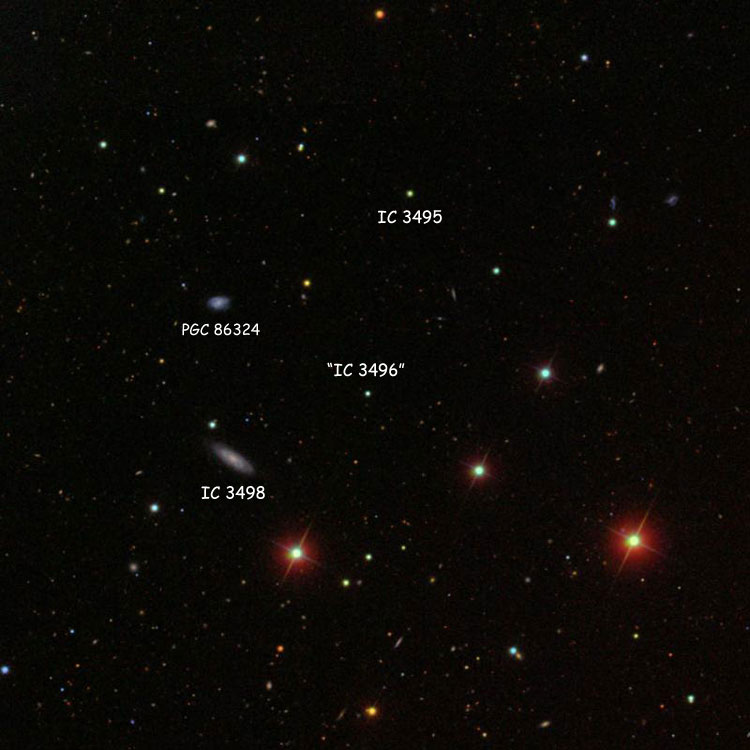 SDSS image of region near the star that more or less represents IC 3496, also showing the star listed as IC 3495, spiral galaxy PGC 86324 (which is which is often misidentified as IC 3495) and spiral galaxy IC 3498 (which is often misidentified as IC 3496)