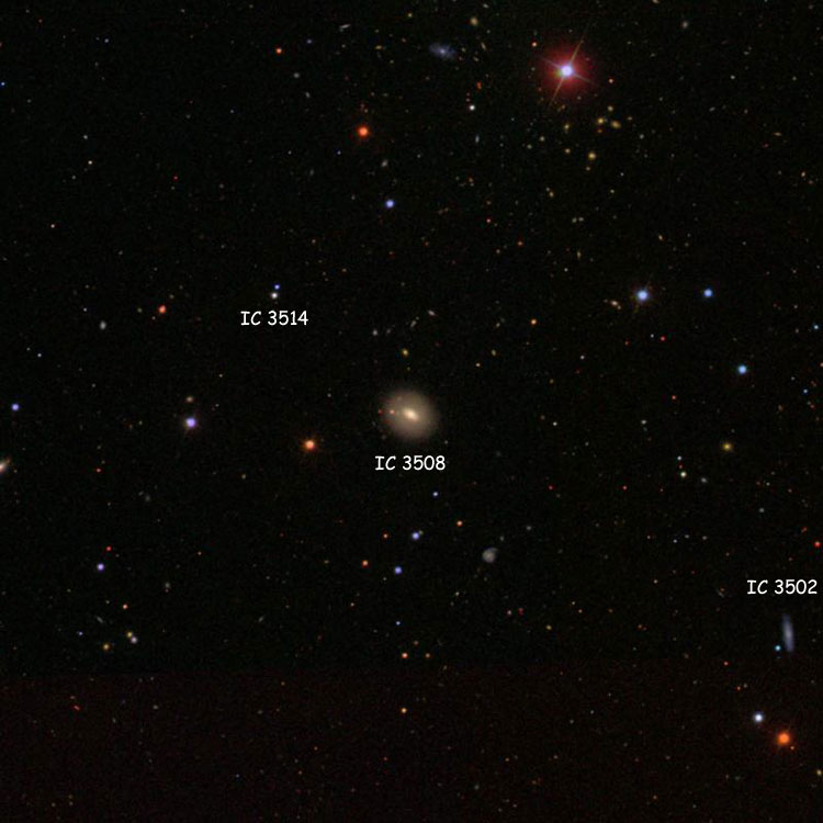SDSS image of region near lenticular galaxy IC 3508, also showing spiral galaxy IC 3502 and the double star listed as IC 3514