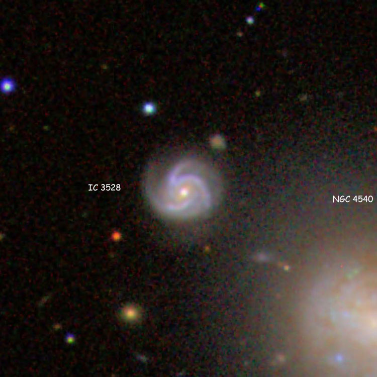SDSS image of spiral galaxy IC 3528, also showing spiral galaxy NGC 4540