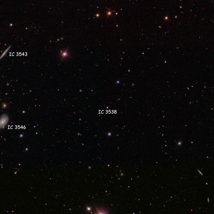 SDSS image of region near the star listed as IC 3538, also showing spiral galaxies IC 3543 and 3546