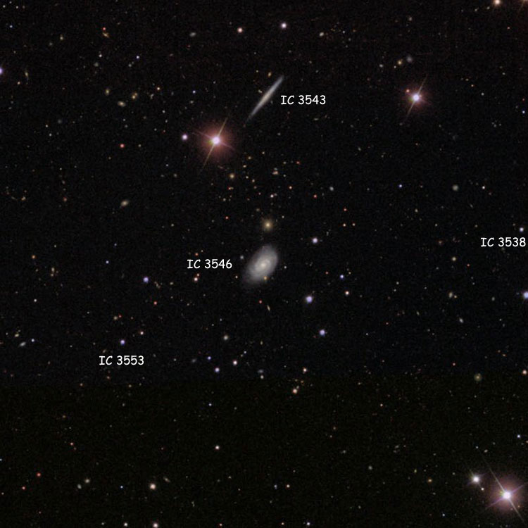 SDSS image of region near spiral galaxy IC 3546,also showing spiral galaxy IC 3543 and the stars listed as IC 3538 and 3553